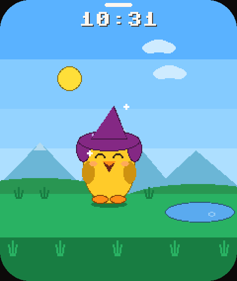 Pato amarelo de chapéu roxo de bruxo girando