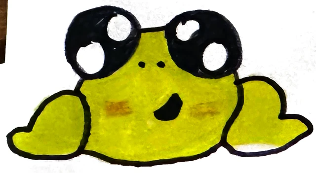 Desenho do João: sapinho amarelo-esverdeado de olhos enormes